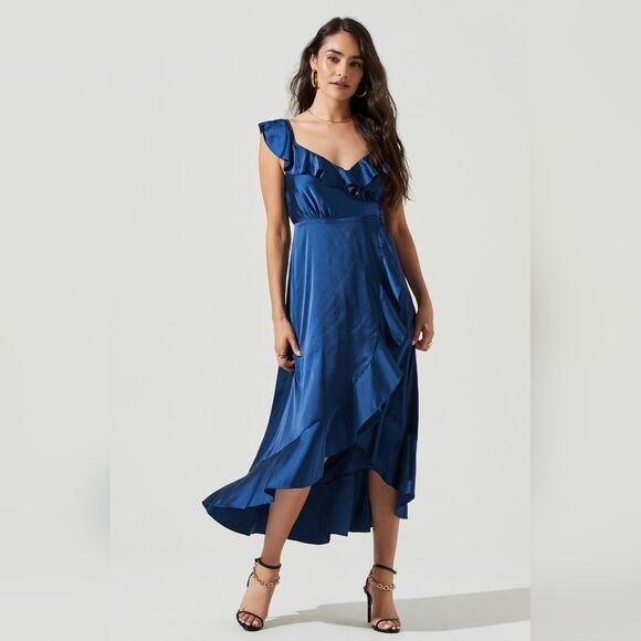 NWT Astr The Label‎ Blue Wilshire Ruffle Open Back Satin Midi Dress Size Medium - Picture 4 of 12